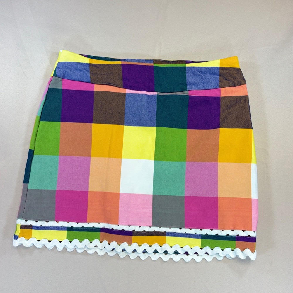 Crown & Ivy Skort Womens 10 Rainbow Gingham Plaid Ric Rac Hem Summer Preppy